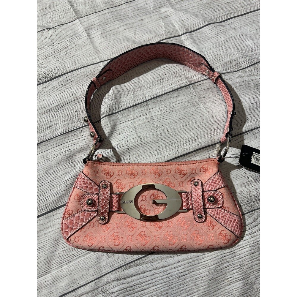 Vintage Guess Shoulder Bag Y2K Pink Zip Studded Monogram 00's Baguette